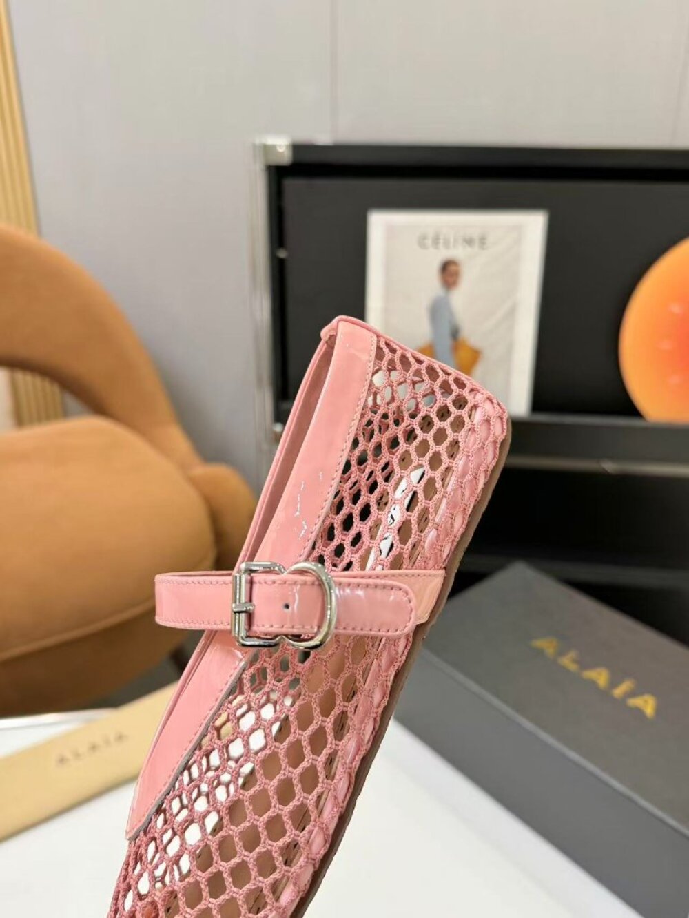 ALAÏA Pink Mesh Mary Jane Ballet Flats - Picture 5 of 9